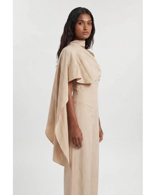 Karen Millen Natural Premium Tailored Linen High Neck One Shoulder Wide Leg Jumpsuit