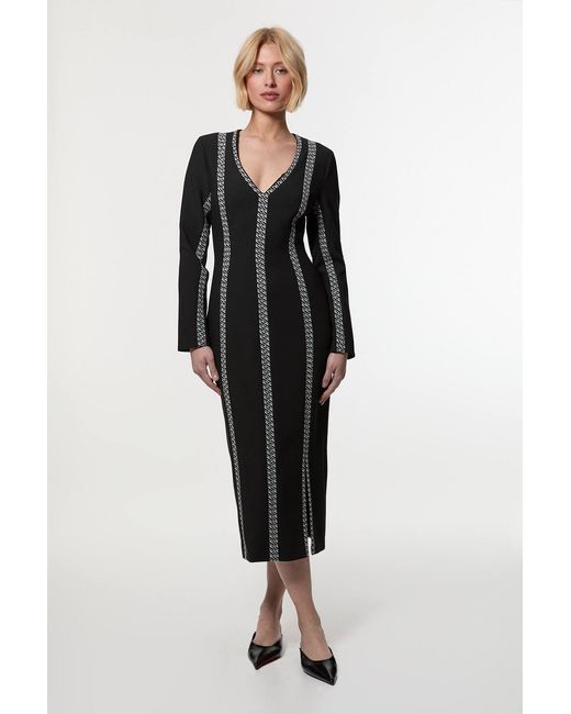 Karen Millen Black Compact Stretch Jacquard Insert Split Front Midaxi Dress