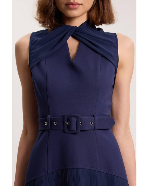 Karen Millen Blue Ponte And Textured Georgette Button Mix Cut Out Detail Pleated Maxi Dress