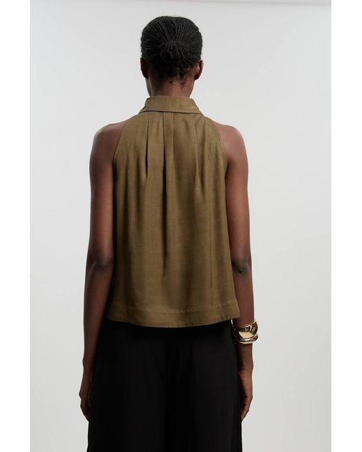 Karen Millen Black Premium Linen Viscose Halter Collared Woven Shirt
