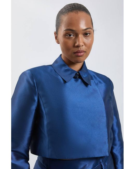 Karen Millen Blue Plus Size Forever Satin Twill Cropped Wrap Tailored Jacket