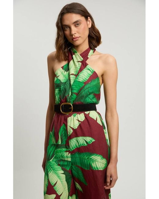 Karen Millen Green Viscose Linen Palm Tree Belted Halterneck Woven Jumpsuit