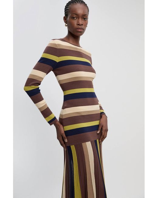 Karen Millen Green Stripe Long Sleeve Knitted Maxi Dress