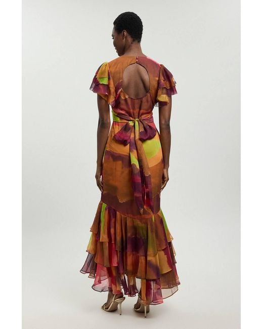 Karen Millen Red Abstract Print Ruffle Sleeve Button Through Midi Dress