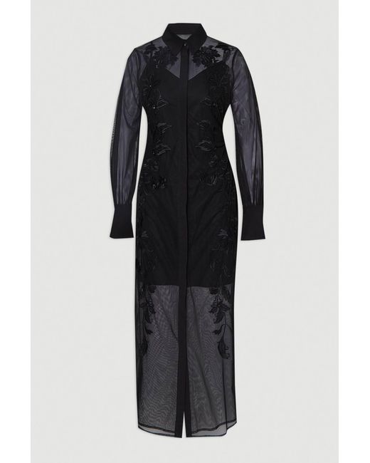 Karen Millen Black Archive Mesh Embellished Embroidered Sheer Shirt Dress