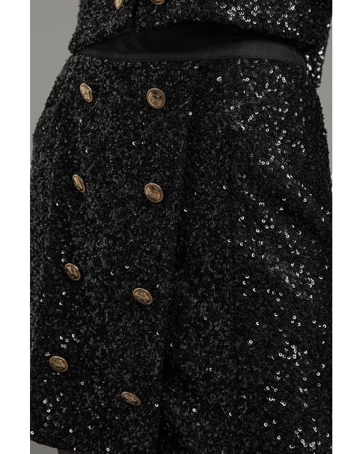 Karen Millen Black Sequin Tailored Wrap Over Mini Skirt