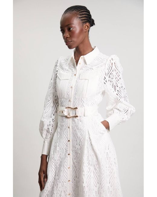 Karen Millen Natural Cotton Cutwork Woven Shirt Midi Dress