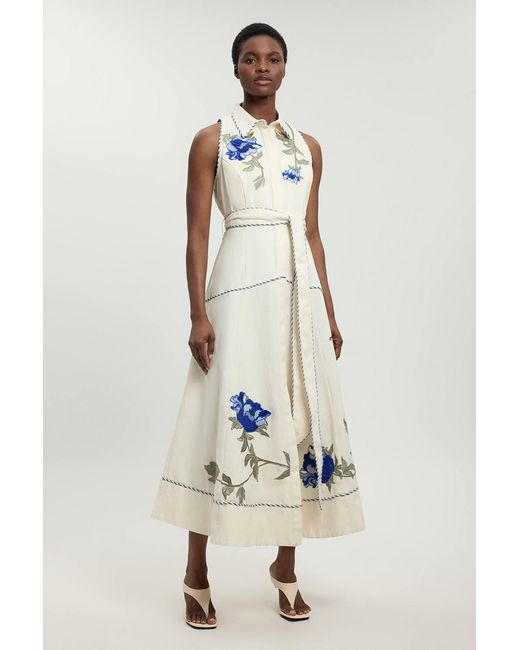 Karen Millen Natural Petite Floral Applique Belted Midi Dress