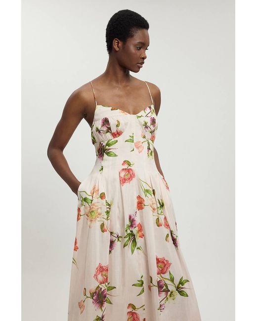 Karen Millen Natural Silk Cotton Floral Strappy Midi Dress