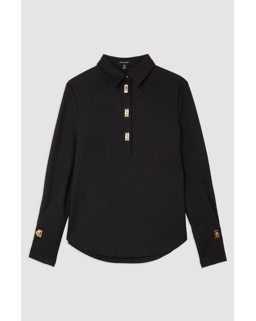 Karen Millen Black Techno Cotton Woven Shirt With Clasp