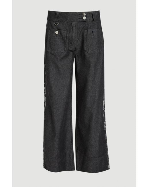 Karen Millen Blue Denim & Jacquard Contrast Wide Leg Jeans