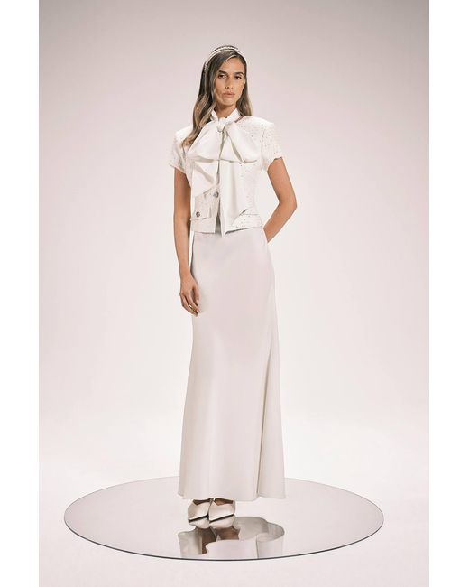 Karen Millen Pink Boucle Tailored Tie Neck Satin Mix Midi Dress