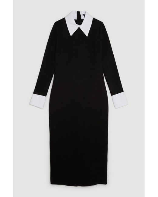 Karen Millen Black Jersey Cotton Poplin Midi Collar Dress