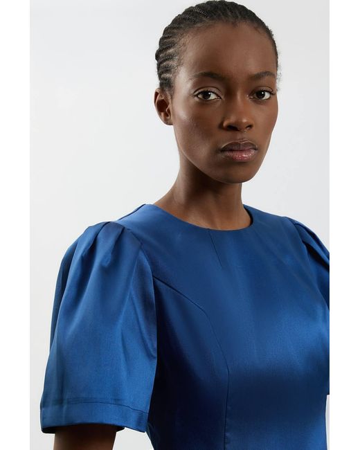 Karen Millen Blue Satin Twill Puff Sleeve Top