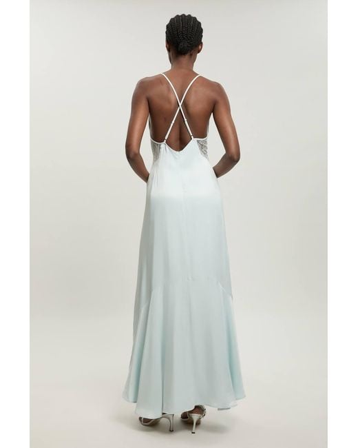 Karen Millen White Lace Insert Satin Viscose Bias Cut Maxi Dress