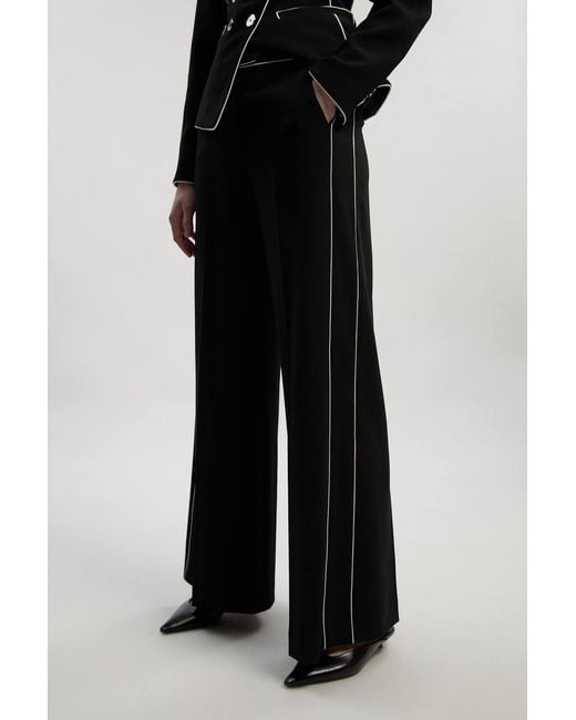 Karen Millen Black Compact Stretch Contrast Tipped Wide Leg Tailored Trouser