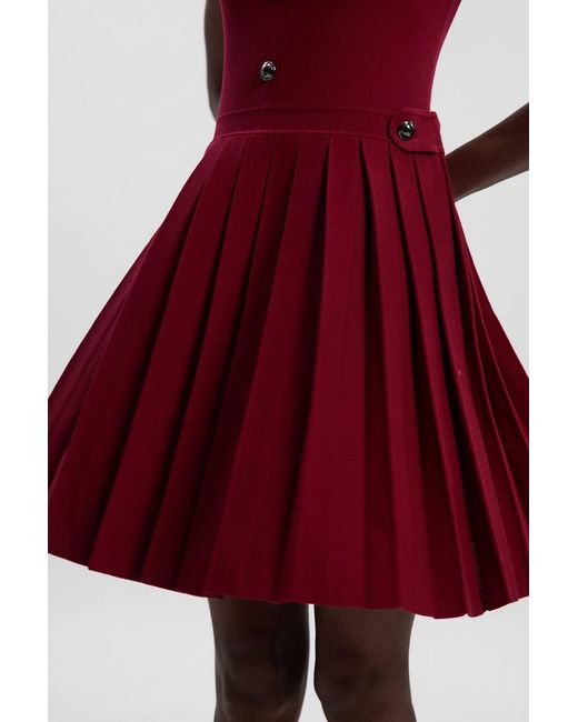 Karen Millen Red Viscose Blend Tab Detail Pleated Knit Mini Dress