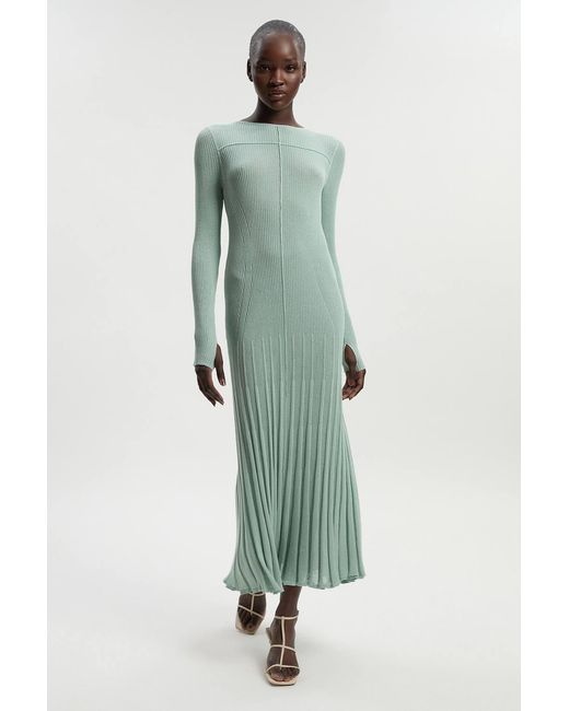 Karen Millen Green Petite Drapey Sheer Rib Knitted Midi Dress
