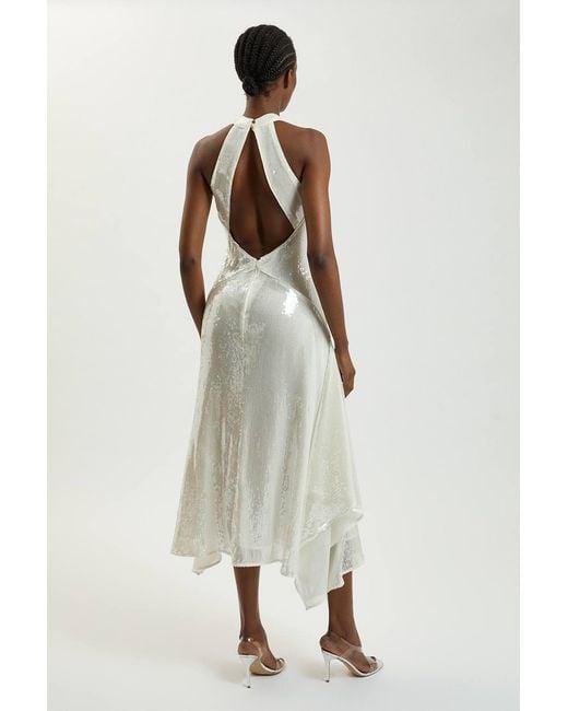 Karen Millen White Petite Sequin Halter Neck Hanky Hem Maxi Dress