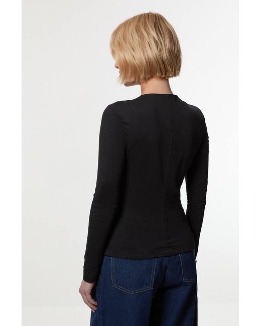 Karen Millen Blue Stretch Cotton Crew Neck Long Sleeve Top