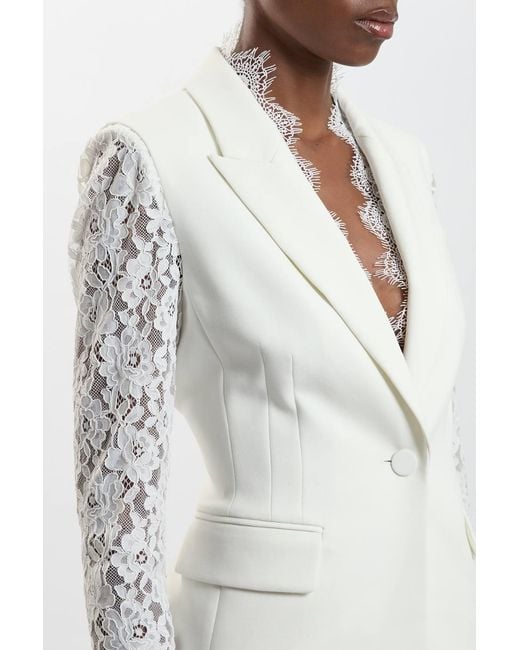 Karen Millen White Compact Stretch Lace Mix Tailored Single Breasted Blazer