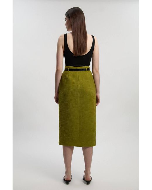 Karen Millen Green Textured Tweed Belted Tailored Pencil Skirt