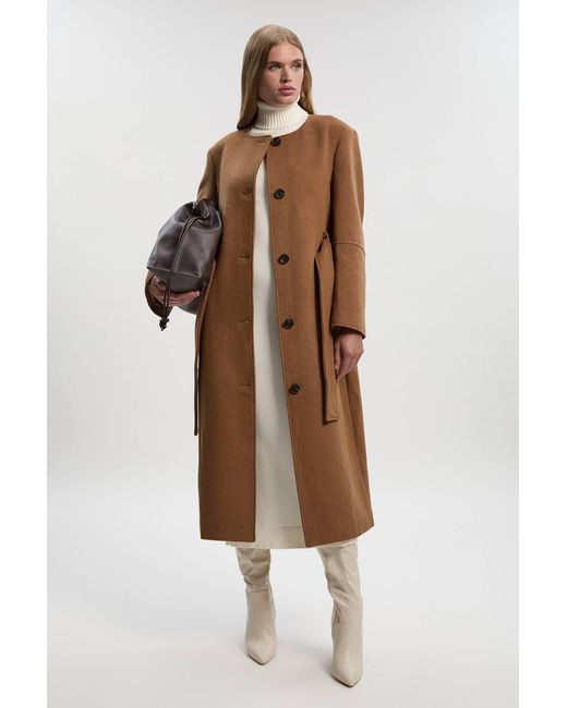 Karen Millen Brown Brushed Wool Single Breasted Belted Tailored Maxi Coat