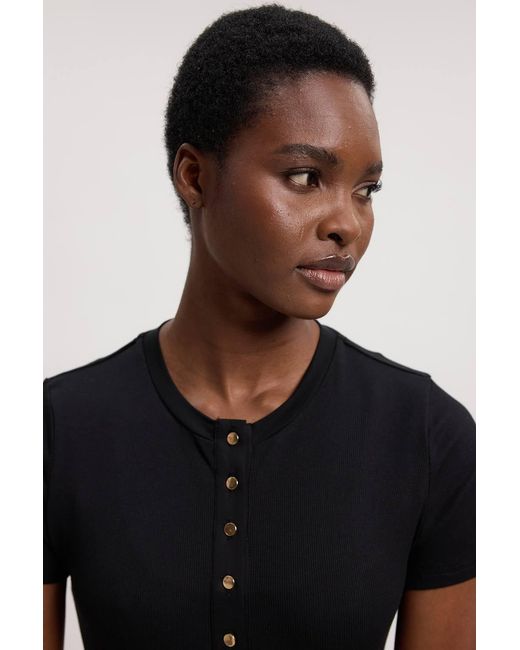 Karen Millen Black Viscose Rib Button Up Crew Neck T-Shirt