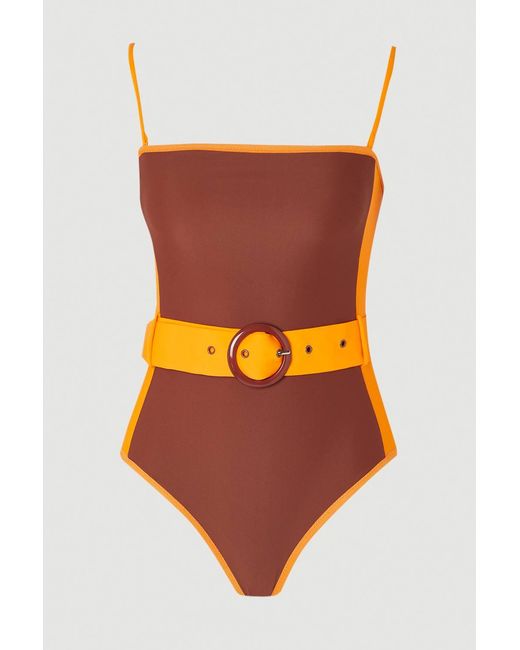 Karen Millen Orange Contrast Panelled Bandeau Swimsuit With Belt