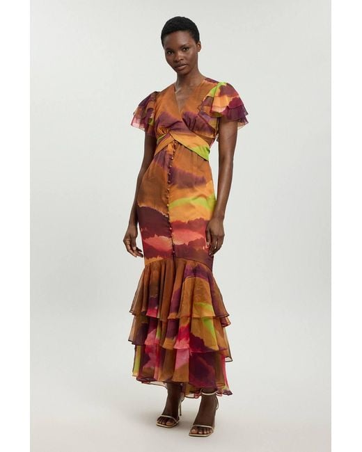 Karen Millen Red Abstract Print Ruffle Sleeve Button Through Midi Dress