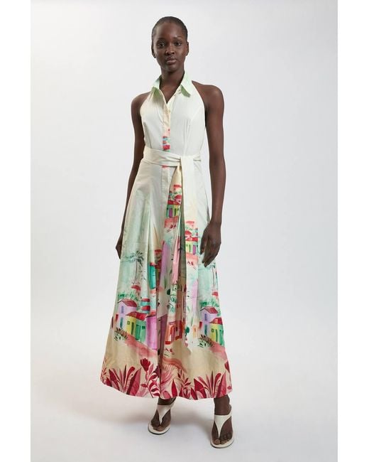 Karen Millen White Scenic Print Cotton Sateen Shirt Dress