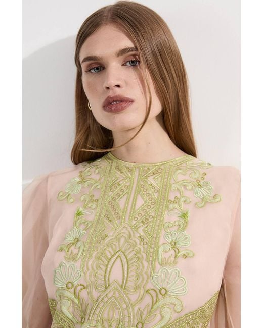 Karen Millen Natural Embroidered Organdie Balloon Woven Mini Dress