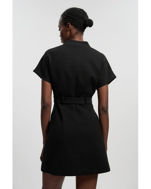 Karen Millen Black Petite Textured Compact Stretch High Neck Belted Mini Dress