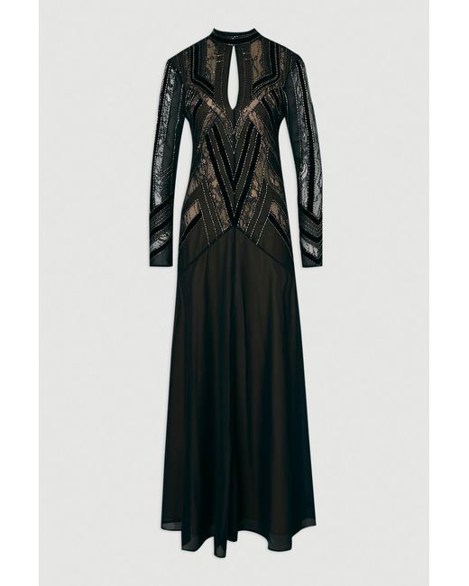Karen Millen Black Velvet Embellished Long Sleeve Maxi Dress