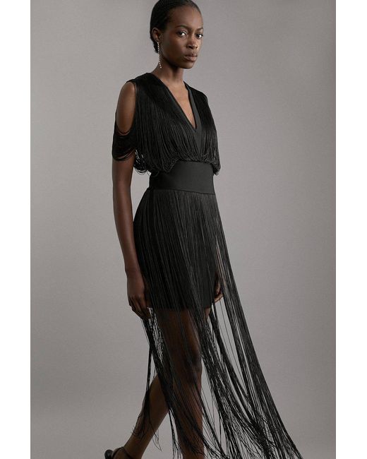 Karen Millen Gray Figure Form Bandage Knit Fringe Detail Dress