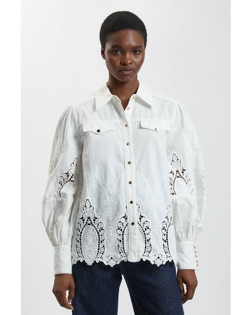Karen Millen White Cotton Cutwork Balloon Sleeve Woven Shirt