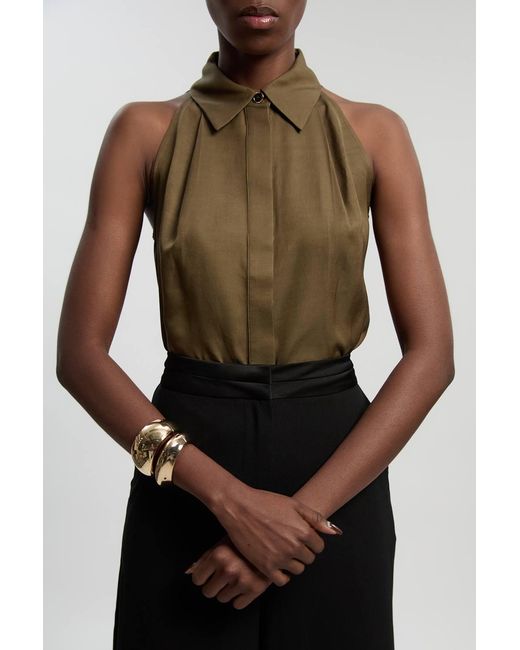 Karen Millen Black Premium Linen Viscose Halter Collared Woven Shirt