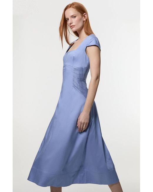 Karen Millen Blue Premium Linen Pintuck Detail Full Skirted Tailored Midi Dress