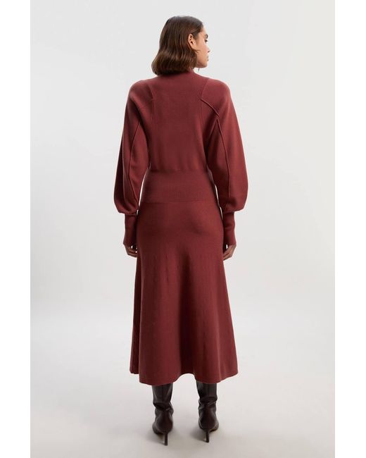 Karen Millen Red Wool Look Rounded Sleeve Knit Midi Dress