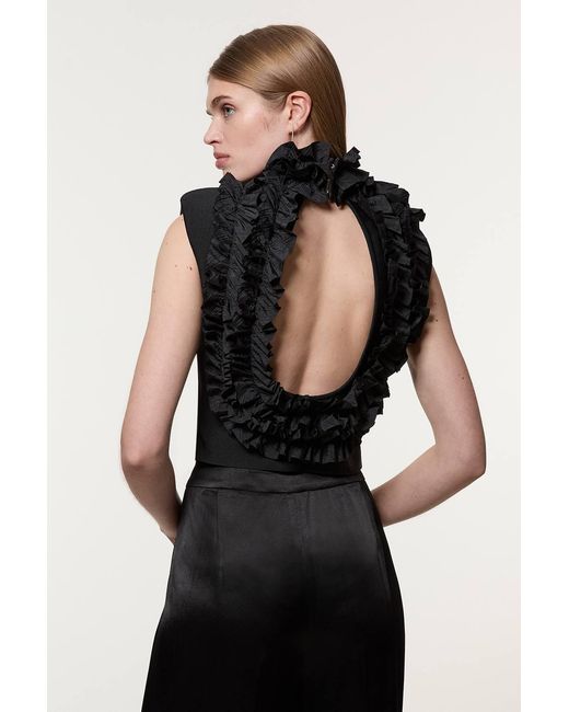 Karen Millen Black Figure Form Bandage Knit Woven Rosette Detail Top