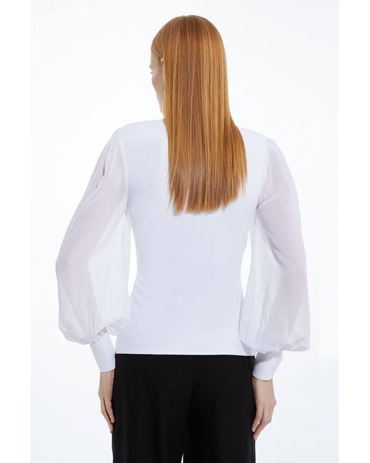 Karen Millen White Bandage Figure Form Zip Detail Chiffon Sleeve Knit Top