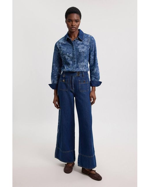 Karen Millen Blue Jacquard Denim Contrast Collar And Cuff Shirt