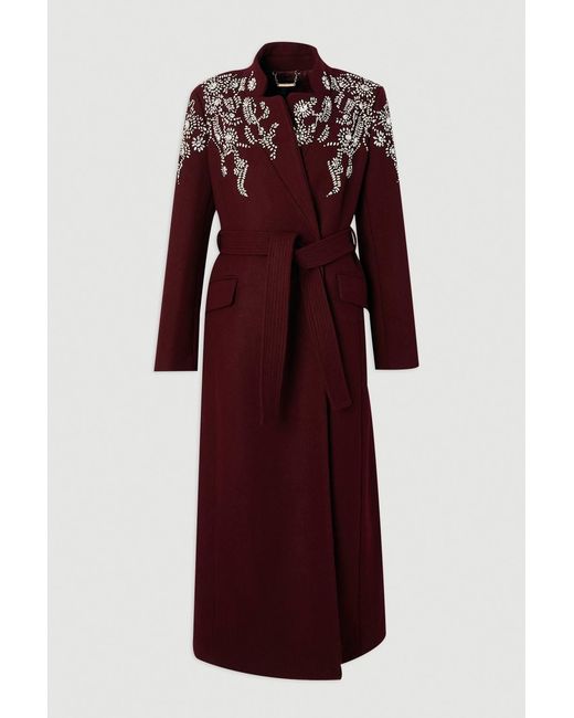 Karen Millen Red Wool Crystal Embellished Notch Neck Belted Maxi Coat