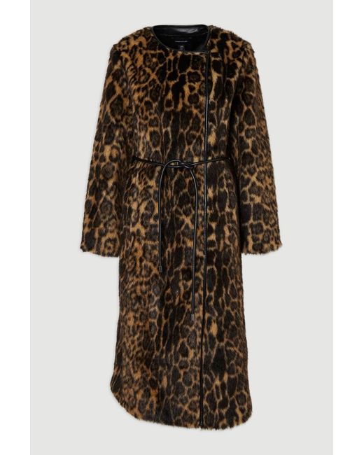 Karen Millen Multicolor Faux Fur Leopard Collarless Tie Belted Midi Coat
