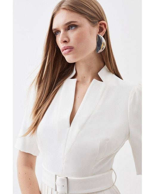 Karen Millen White Forever Tailored Structured Crepe Forever Pleat Belted Midi Dress