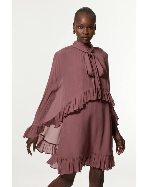 Karen Millen Red Viscose Georgette Cape Woven Mini Dress