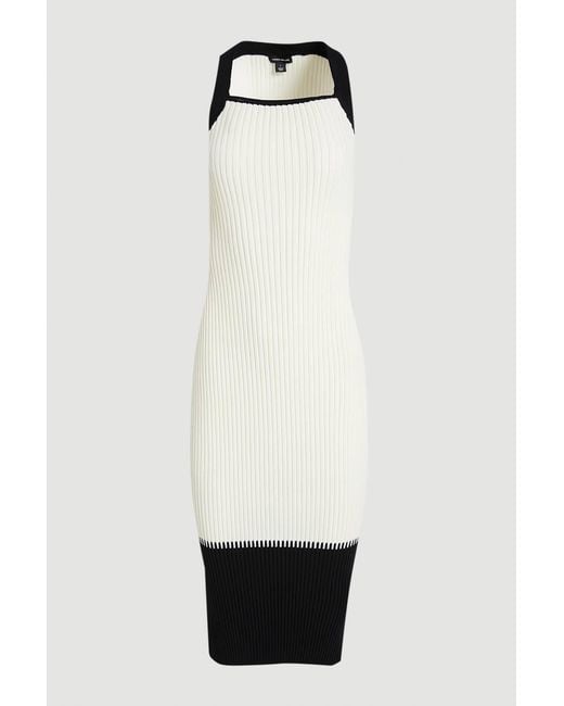 Karen Millen White Block Colour Racked Rib Knitted Sleeveless Midi Dress