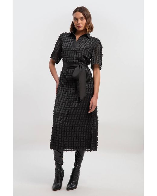 Karen Millen Black Textured Georgette With Satin Collared Shirt Midi Woven Dress