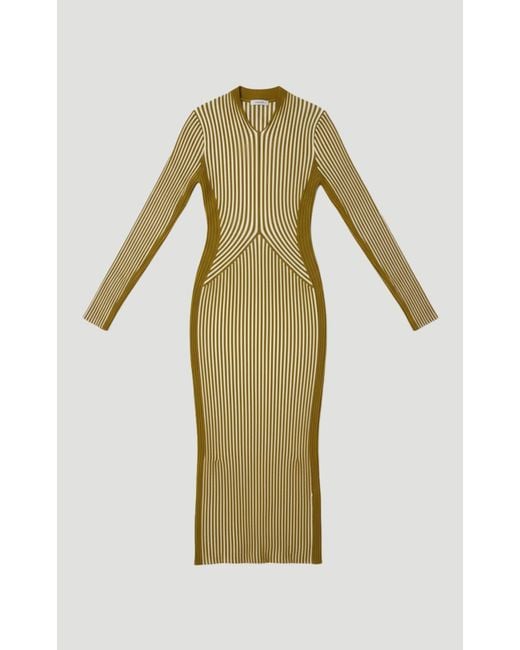 Karen Millen Green Stripe Fitted Long Sleeve Knitted Midi Dress