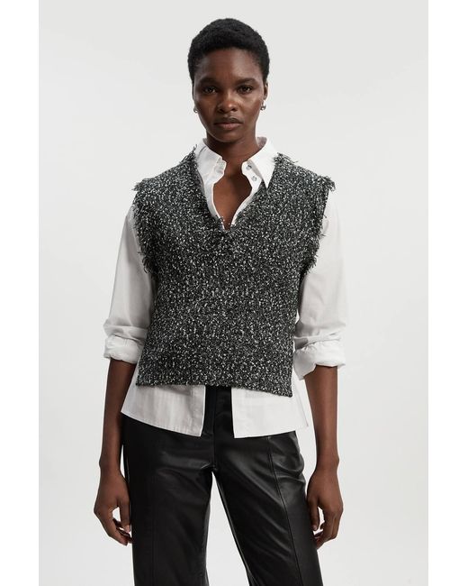 Karen Millen Gray Tweed Yarn Fringe Trim Knitted Tank Top